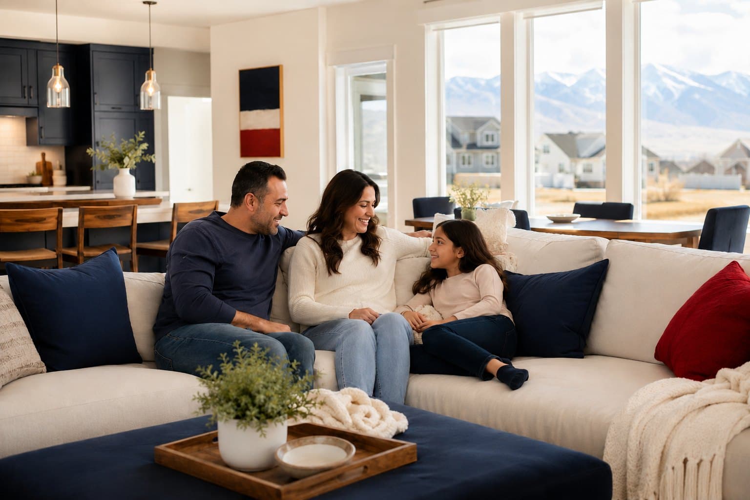 A family relaxing comfortably in a bright living room