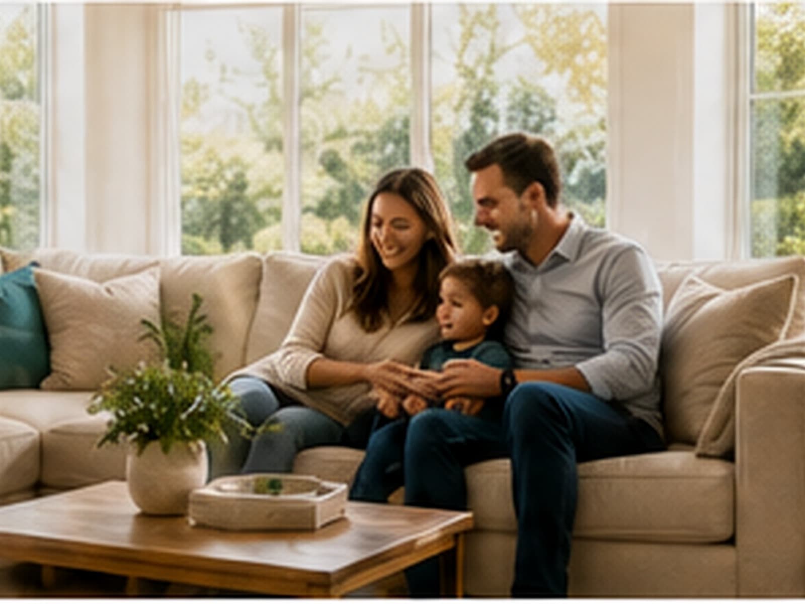 A family relaxing comfortably in a bright living room
