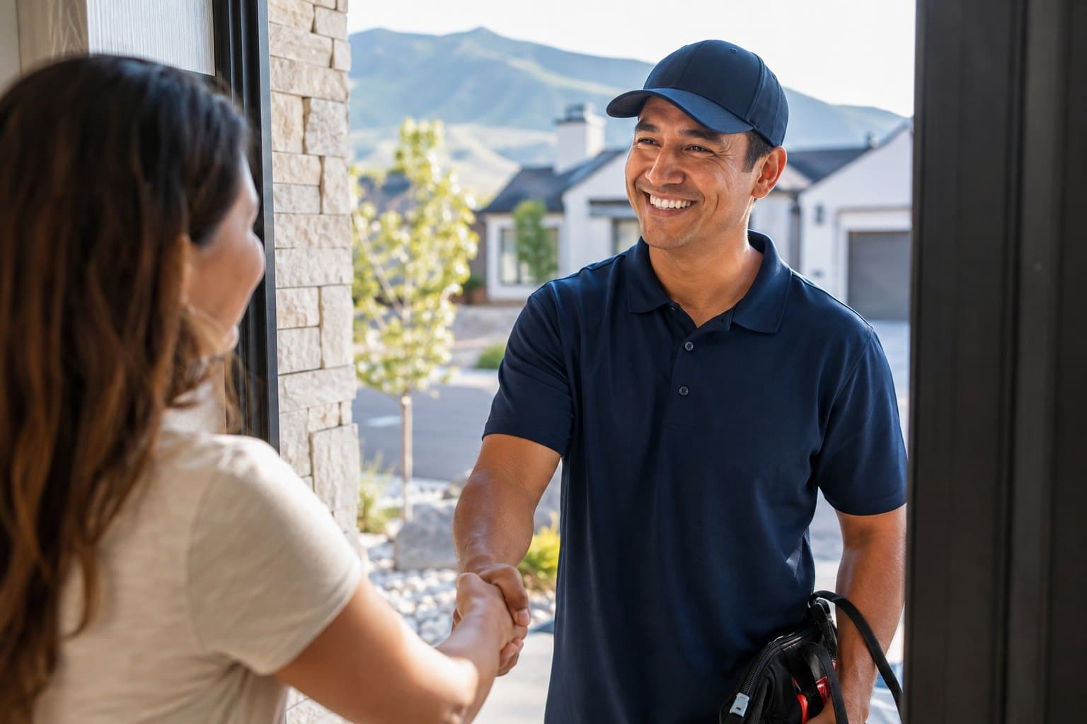 A Truth HVAC technician greeting a homeowner at their front door