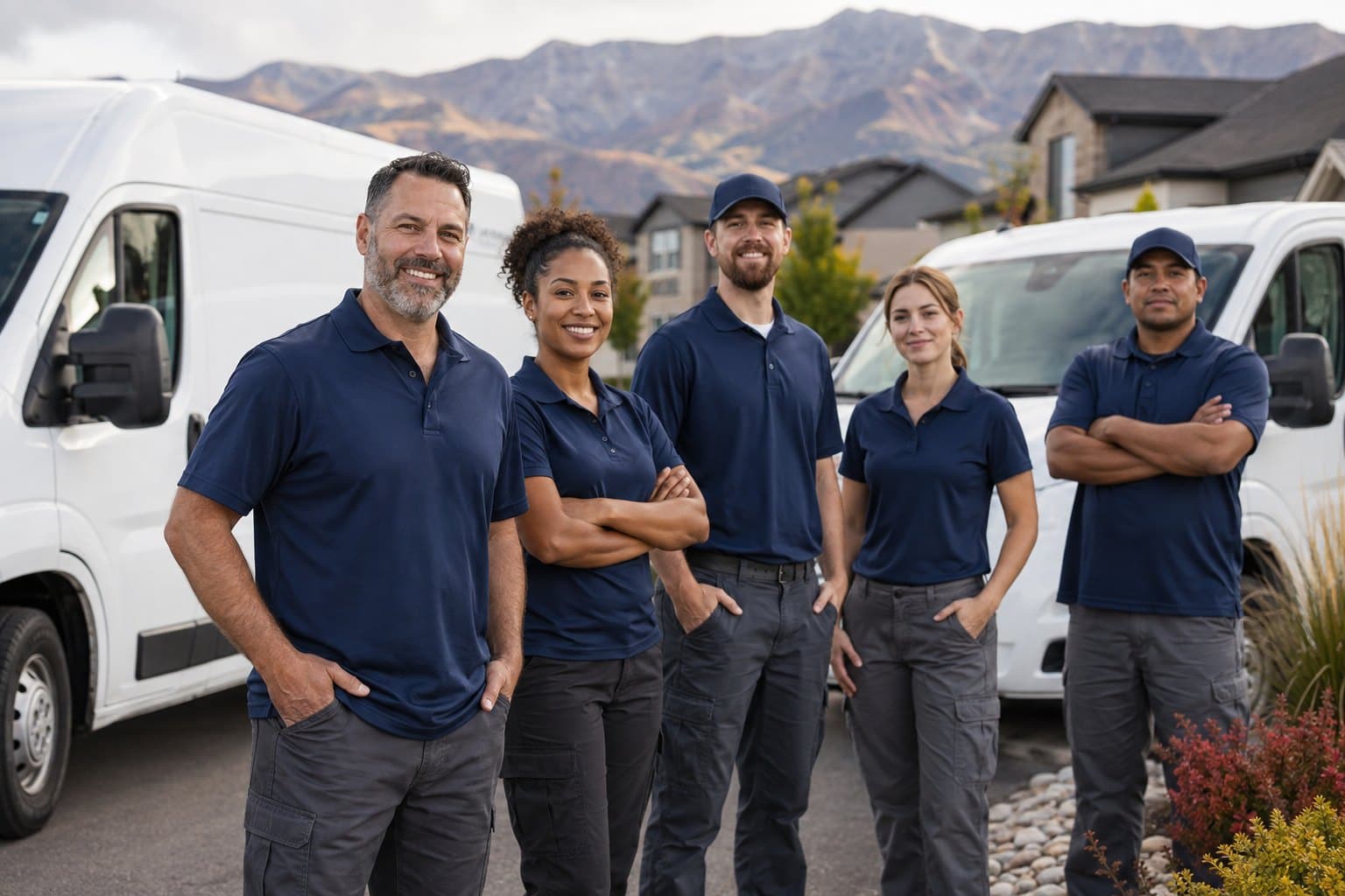 Technicians standing in front of a row of HVAC service vans
