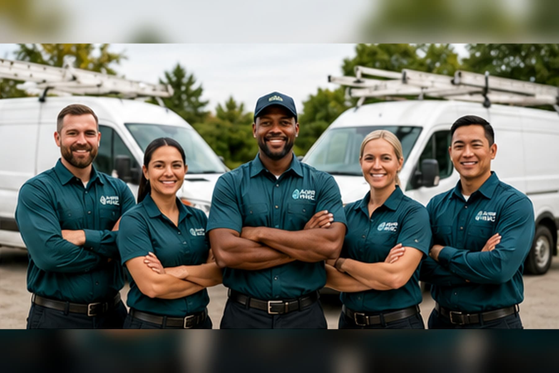 Technicians standing in front of a row of HVAC service vans